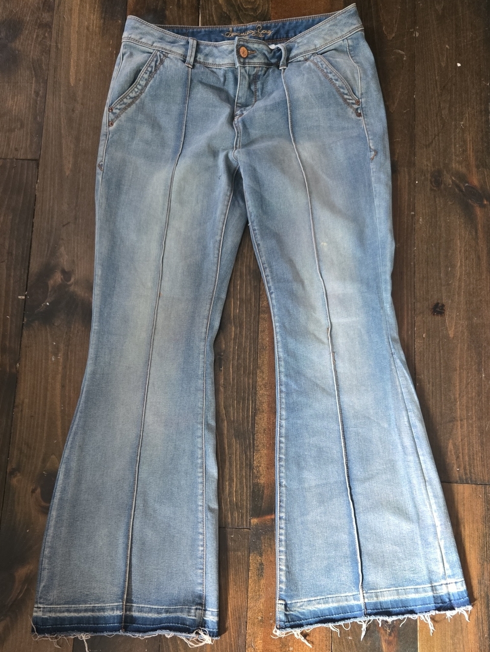 American Rag Cie Pintuck Front Seam Flare Jeans Raw Hem Blue Size 13 Vintage2015